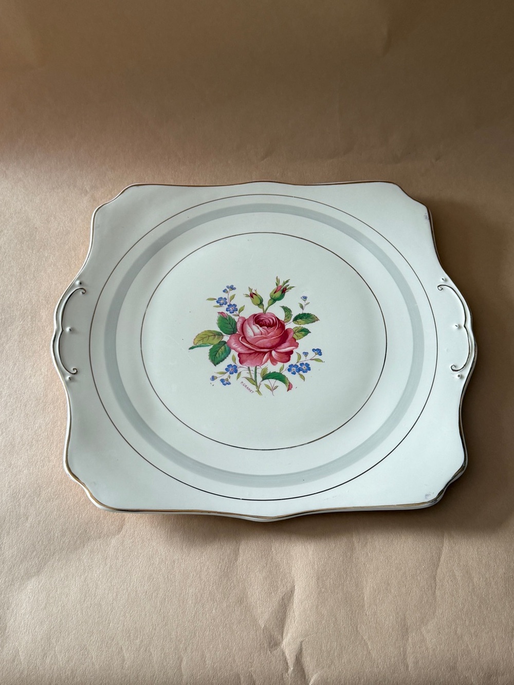 White Porcelain Floral Serving Platter with Pink Rose Accent